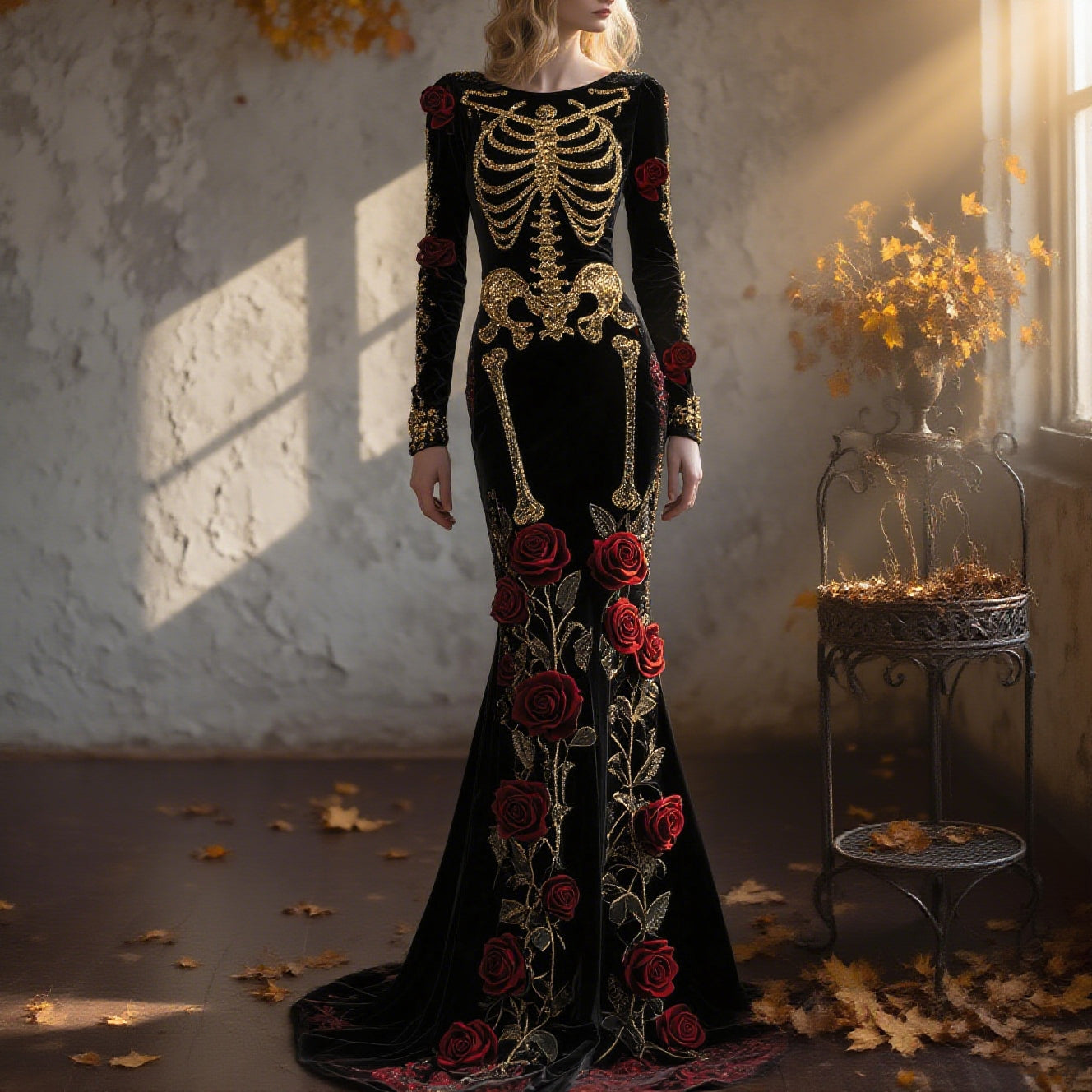 Comstylish Women's Halloween Red Rose Skeleton Velvet Round Neck Maxi Dress