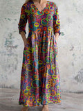 Women's Artistic Texture Geometric Pattern V-neck Cotton And Linen Dre