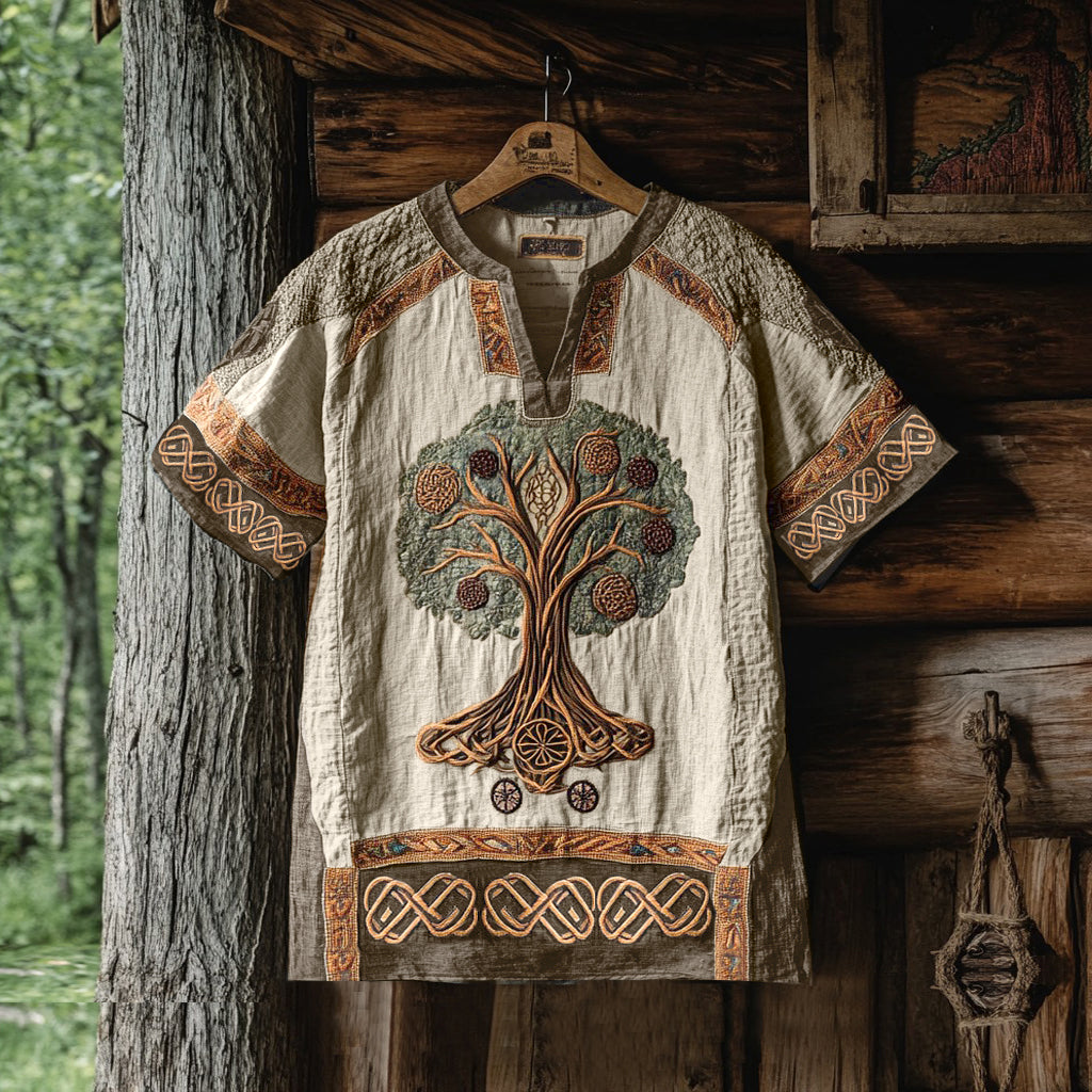 Men's Viking Tree Of Life Tribal Celtic Patchwork Art Linen Shirt artswardrobe