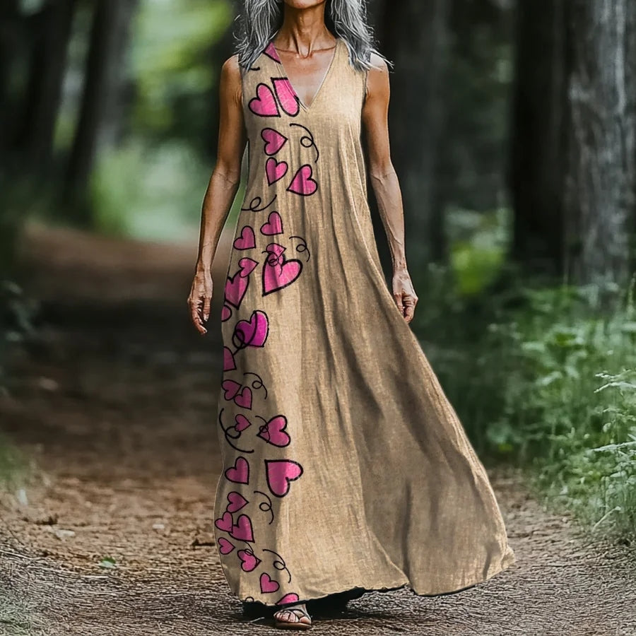 Women's Vintage Heart Art Print V-neck Tank Midi Dress artswardrobe