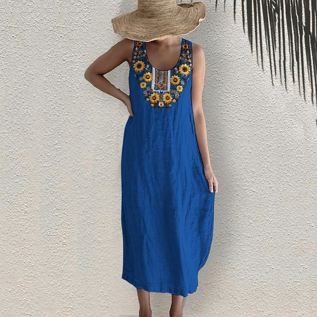 Ukrainian Sunflower Art Pattern Linen Tank Dress artswardrobe