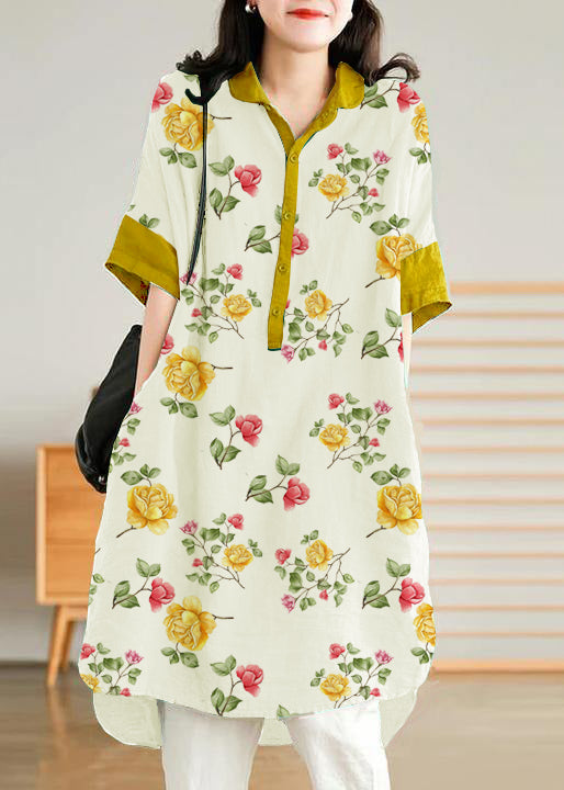 Jade Blue Flower Linen Linen Shirt Dress