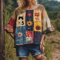 Vintage Abstract Creative Cute Cat In Floral Art Embroidered Cozy Linen Blend T-shirt elevenforest