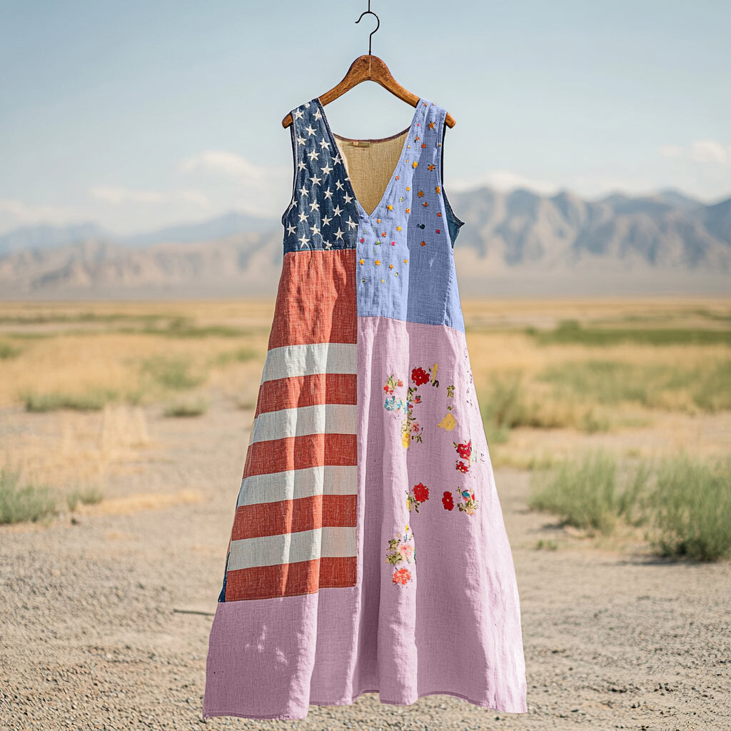 Women's Independence Day Flag Print Cotton And Linen Dress artswardrobe