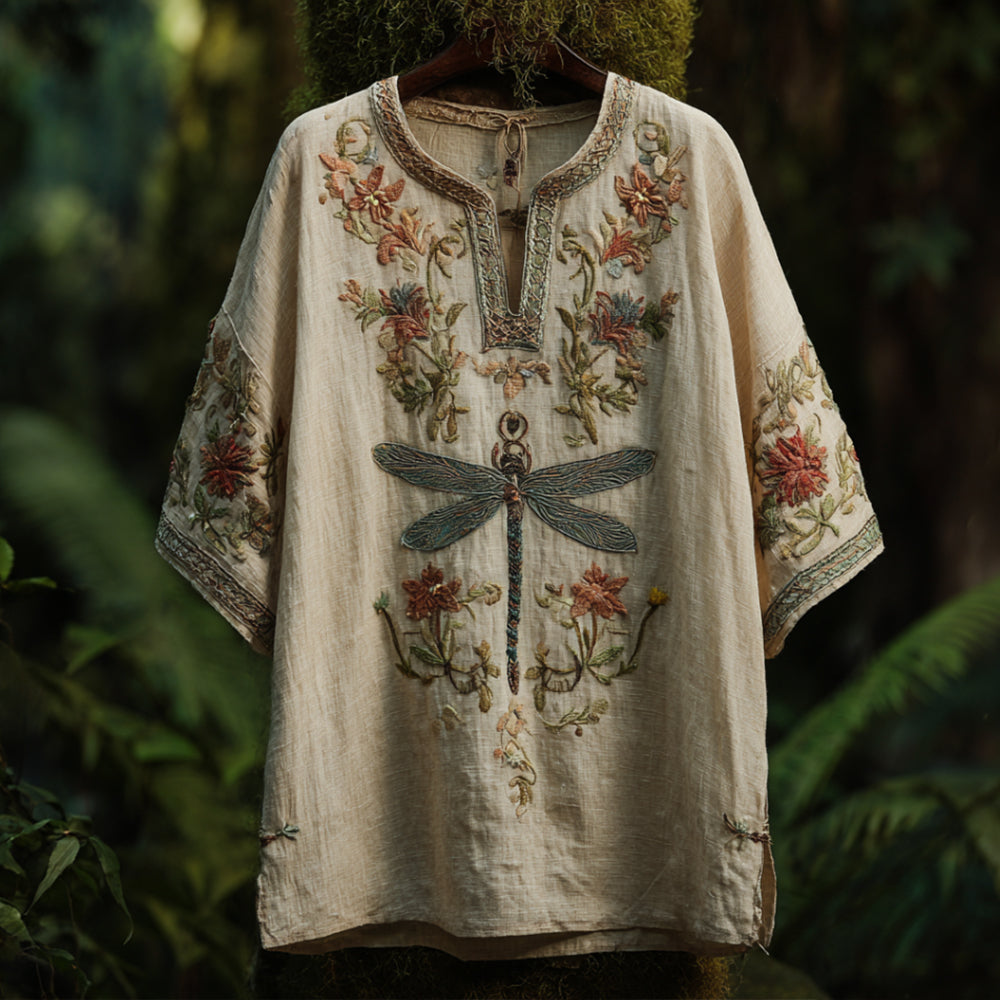 Bohemian Style Three-dimensional Plant, Flower, Dragonfly Embroidery Vintage V-neck Short-sleeved Shirt artswardrobe
