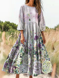 Women's Vintage Ethnic Floral Art Print Flowy Cotton Crew Neck Dress