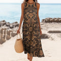 Women's Vintage Ethnic Floral Print Linen Blend Tank Midi Dress artswardrobe