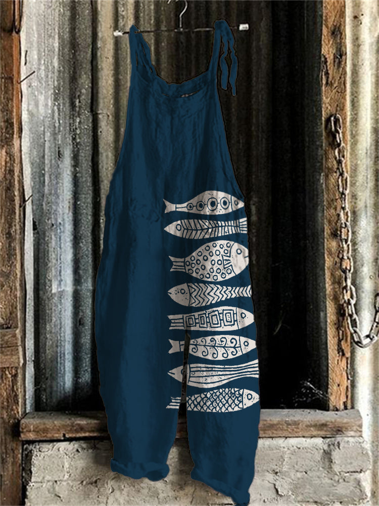 Comstylish Fish Japanese Lino Art Linen Blend Jumpsuit