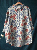 Women's Vintage Floral Art Print Casual Cotton And Linen Shirt