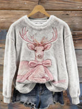 Comstylish Pink Christmas Deer Embroidered Cozy Plush Sweatshirt