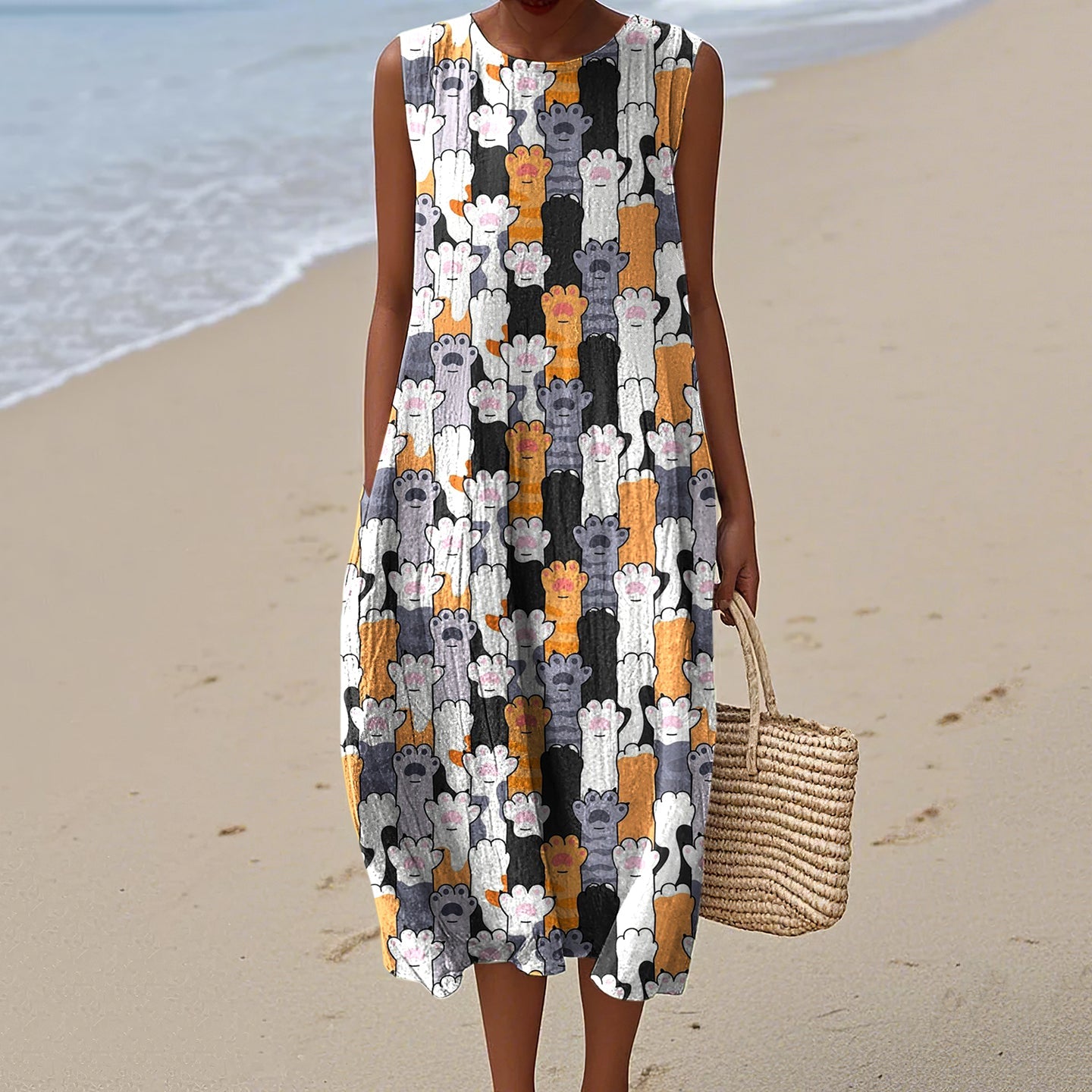 Women's Cat Paw Print Crew Neck Tank Midi Dress artswardrobe