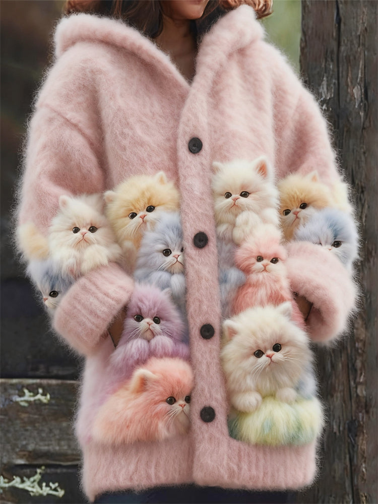 Comstylish Lovely Fuzzy Colorful Cats Cozy Hooded Cardigan