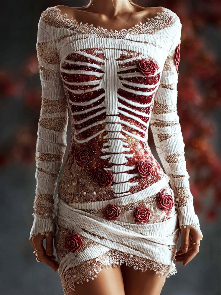Comstylish Halloween Bloody Red Roses Rib Cage Lace Comfy Mini Dress
