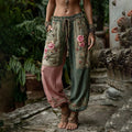 Vintage Retro Rose And Floral Patchwork Art Linen Pants artswardrobe