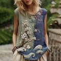 Classy Gradient Japanese Sakura Cherry Blossoms And Sea Wave Embroidered Pattern Linen Tank Top artswardrobe
