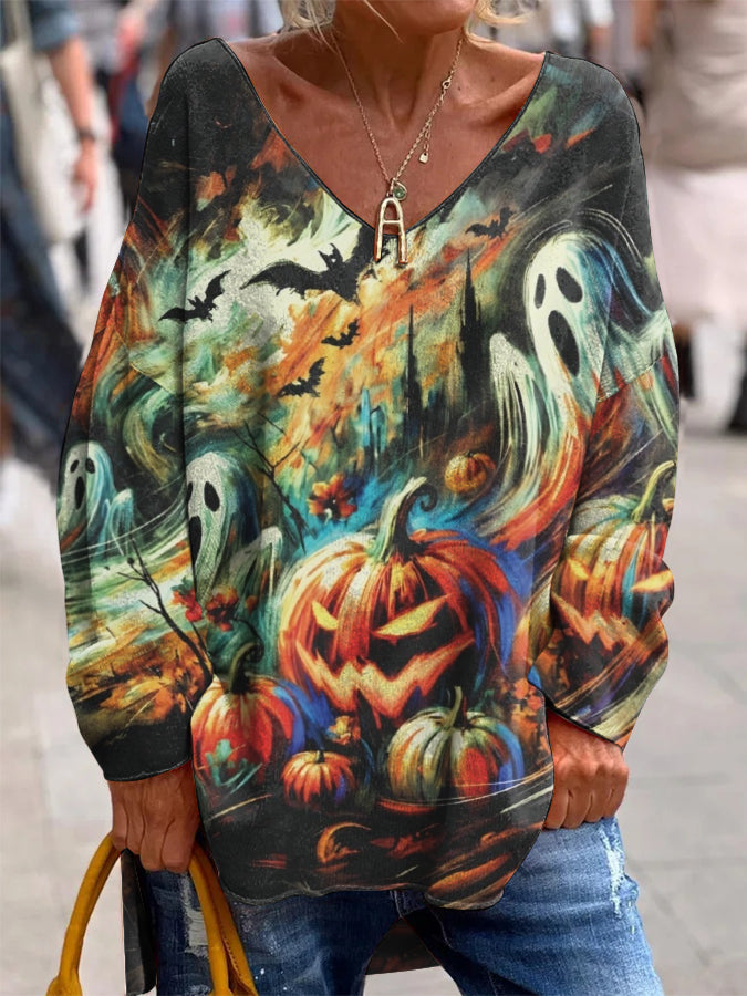 Women's Halloween Pumpkin Ghost Print V-Neck Sweatshirt artswardrobe
