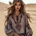 Comstylish Boho Floral Embroidery Art Cotton Blend Blouse
