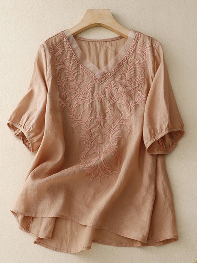 Comstylish Women's Embroidery Pattern Linen Blend Comfort Shirt