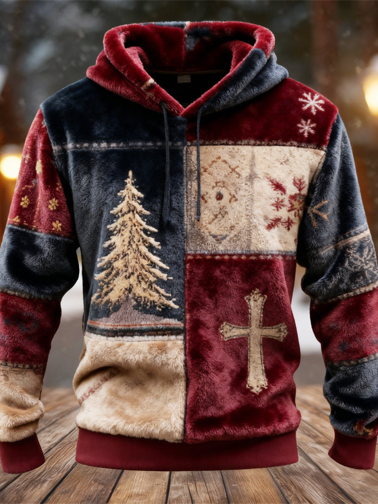 Comstylish Christmas Vintage Patchwork Design Men's Flannel Hooded Sweatshirt