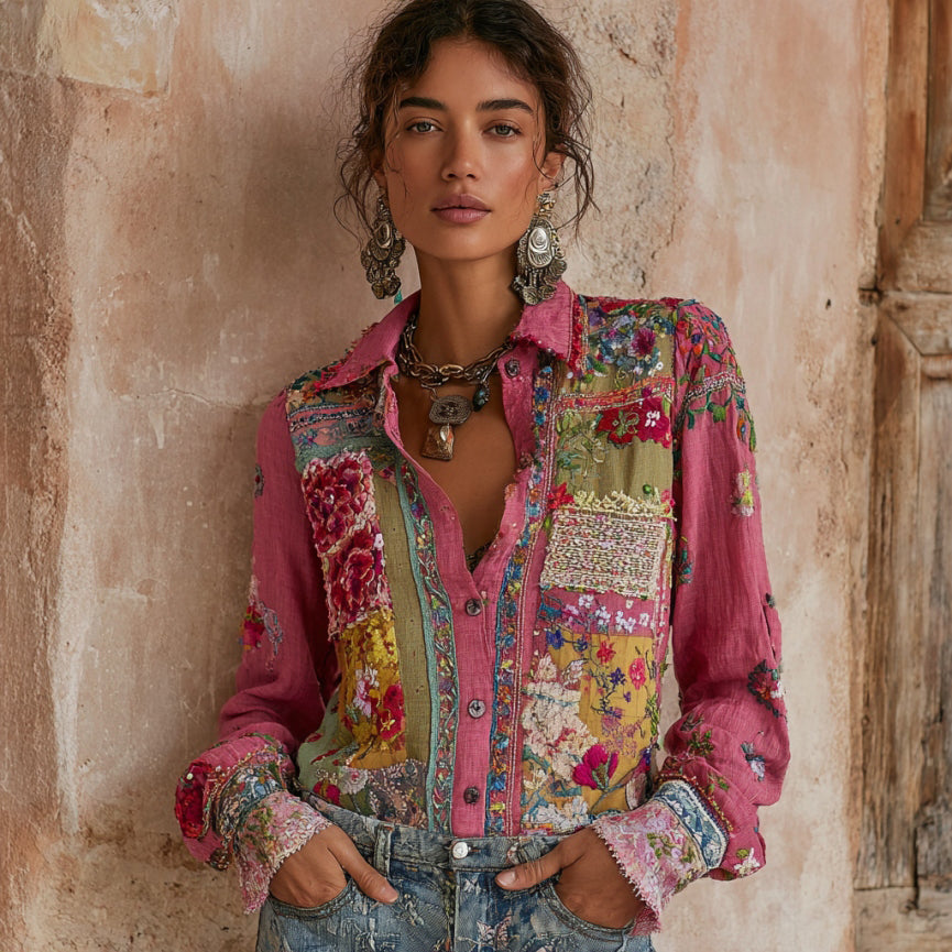 Women's Vintage Bohemian Floral Embroidery Patchwork Art Shirt