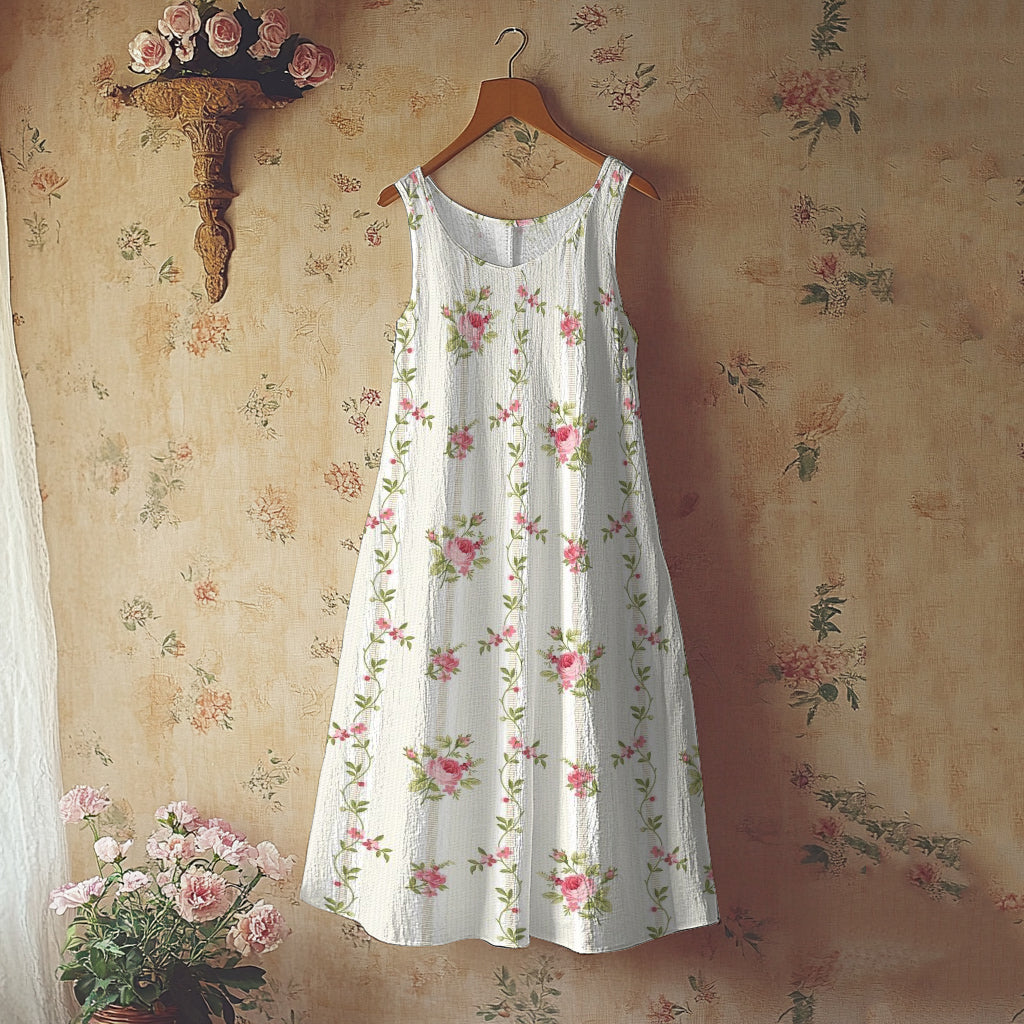 Floral Art Print Linen Blend Tank Dress artswardrobe