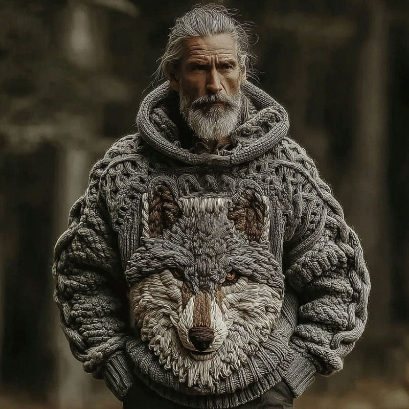 Men's Retro Celtic Knot Wolf Head Pattern Comfortable Knit Hoodie elevenforest