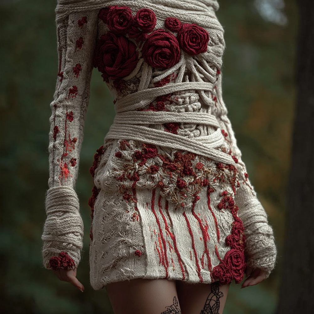 Comstylish Women's Halloween Skeleton Rose Art Mini Round Neck Dress