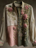 Vintage Pink Roses Fiber Art Embroidered Patchwork Linen Blouse artswardrobe