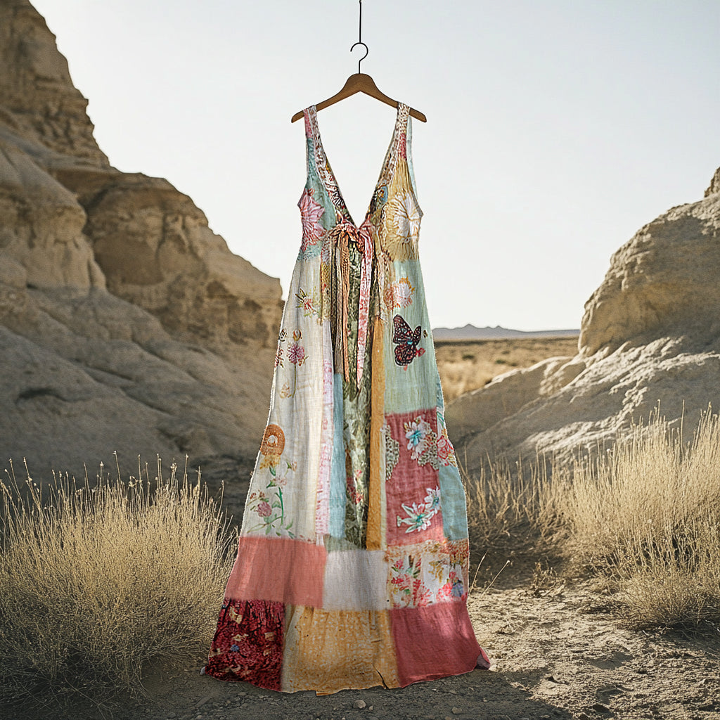 Comstylish Women's Vintage Bohemian Floral Patchwork Cotton And Linen Dress