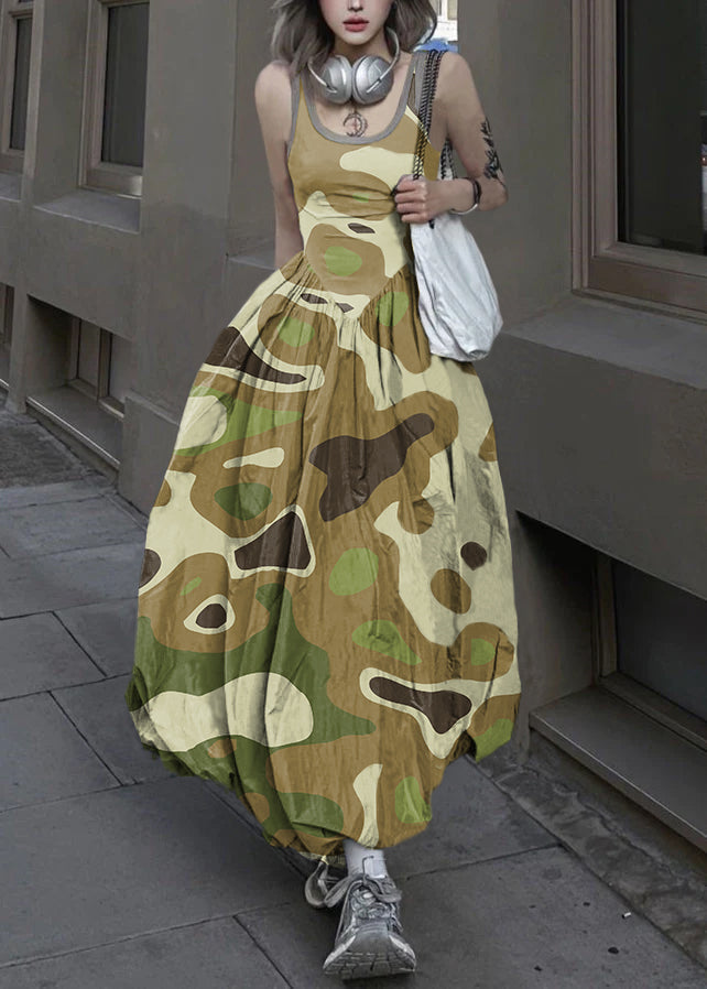 New Green Texture Backless Patchwork Cotton Long Dresses Sleeveless