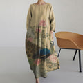 Comstylish Vintage Japanese Peacock  Art Long Sleeve Midi Dress