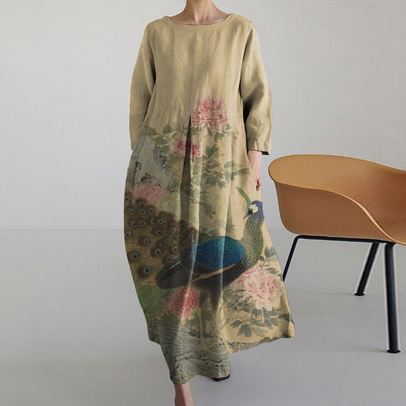 Comstylish Vintage Japanese Peacock  Art Long Sleeve Midi Dress