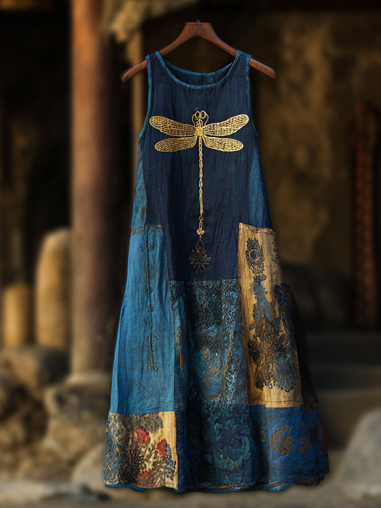 Vintage Dragonfly Boho Art Women's Linen Vest Midi Dress artswardrobe