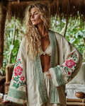 Women's Japanese Bohemian Floral Embroidered Linen Kimono Cardigan artswardrobe