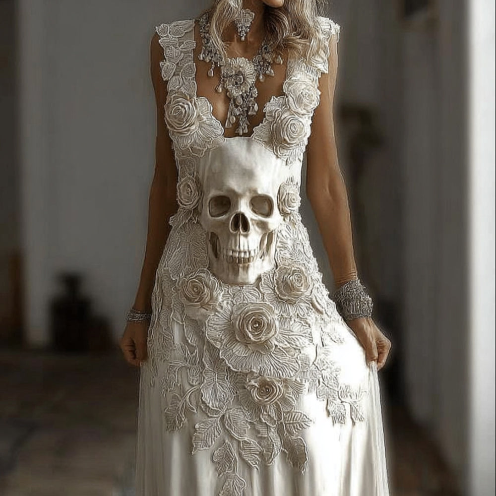 Comstylish Women's Halloween Skeleton Flower Embroidered Lace Sleeveless Long Dress