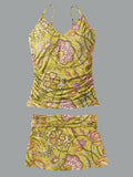 V-Neck Vintage Floral Art Print Suspender Skirt Tankini Pantskirt Set Swimsuit