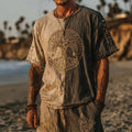 Men's Retro Tree Of Life Design Two-color Linen T-shirt artswardrobe