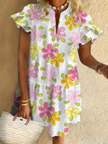 Cute Multicolor Flower Print Ruffled Short-sleeved V-neck Buttoned Dress Vacation Beach Dress