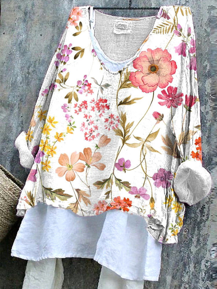 Comstylish Vintage Floral Pattern Women's Casual Linen Blend Shirt