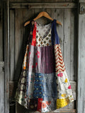 Women's Vintage Floral Collage Art Print V-neck Pocket Cotton Dress
