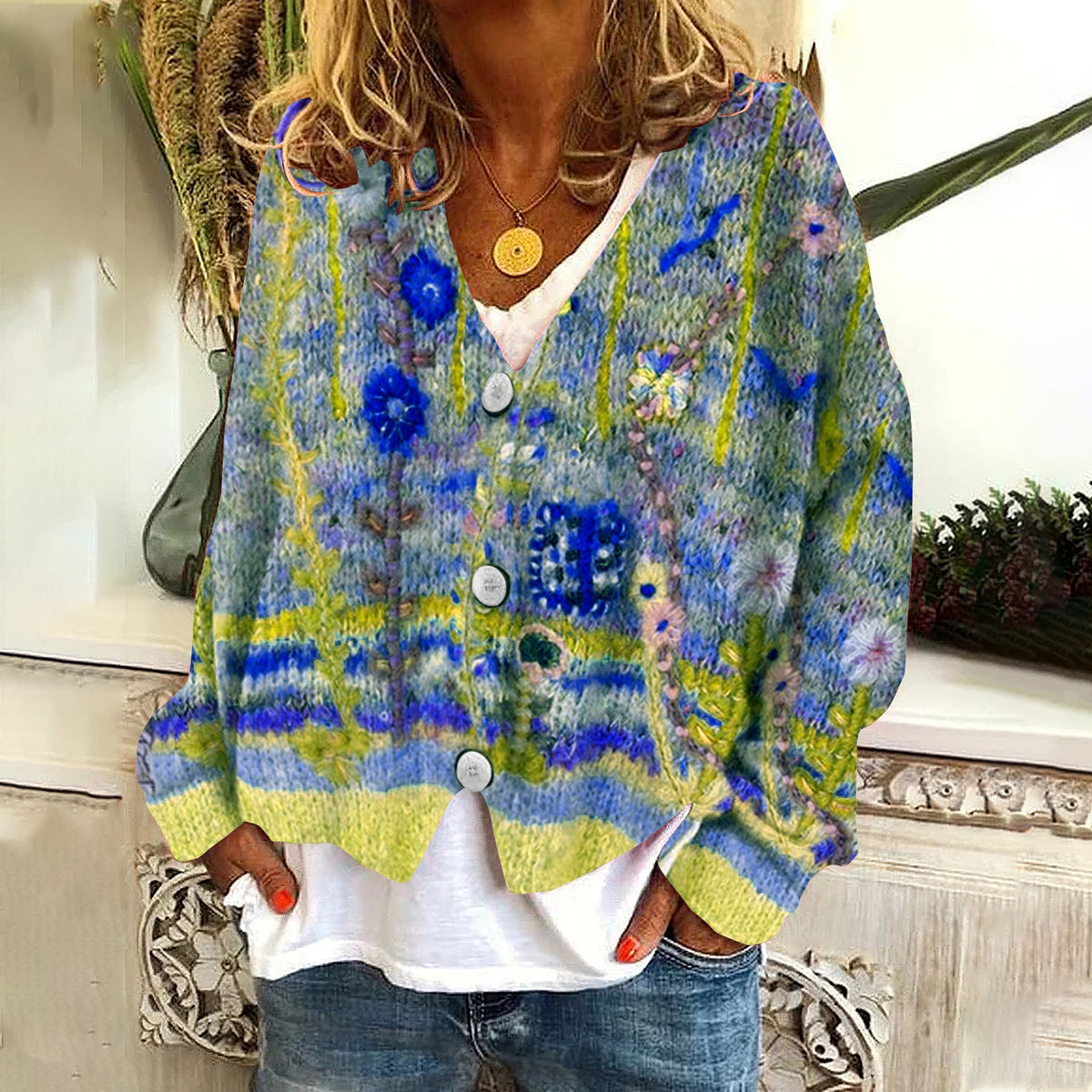Vintage Floral Print V-Neck Long Sleeved Knitted Cardigan artswardrobe