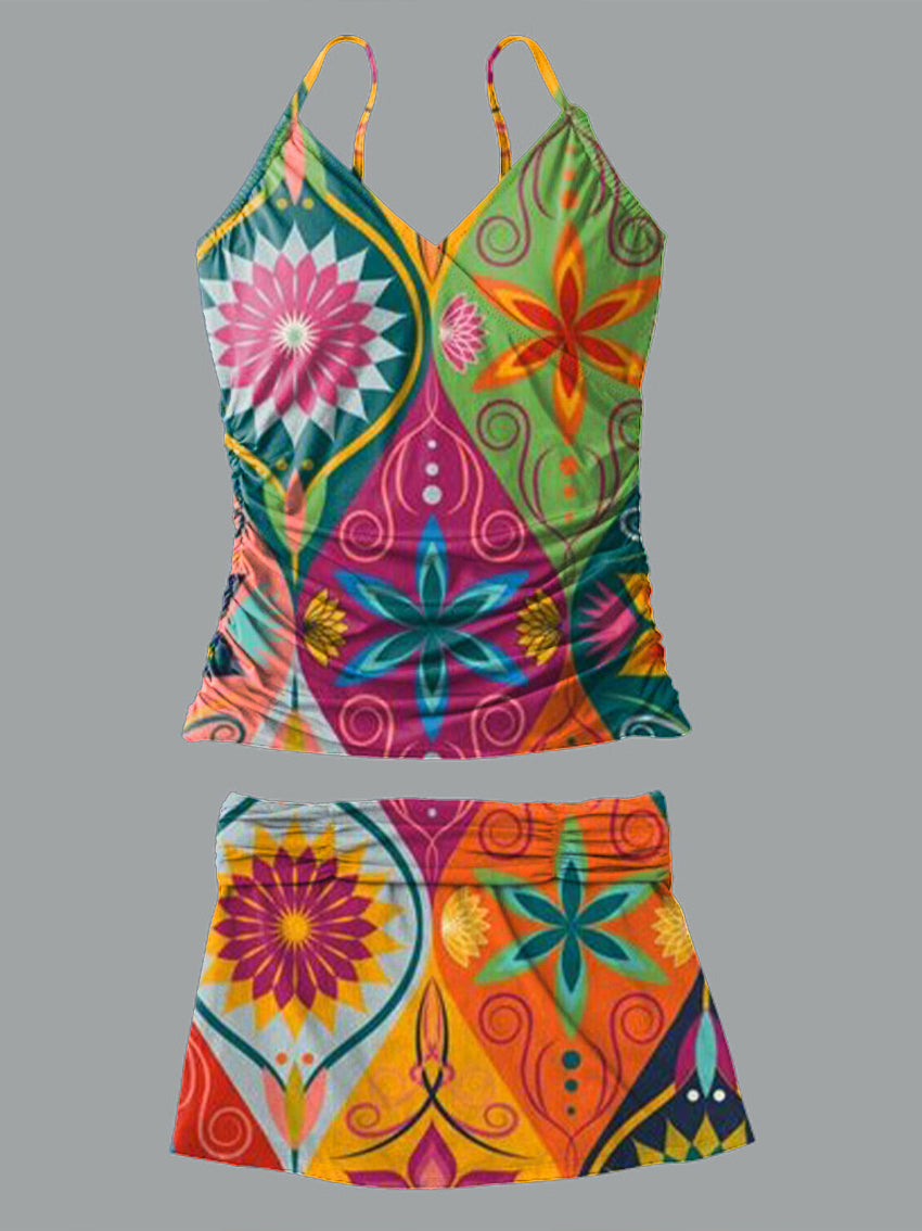 V-Neck Ethnic Geometric Print Suspender Skirt Tankini Pantskirt Set Swimsuit