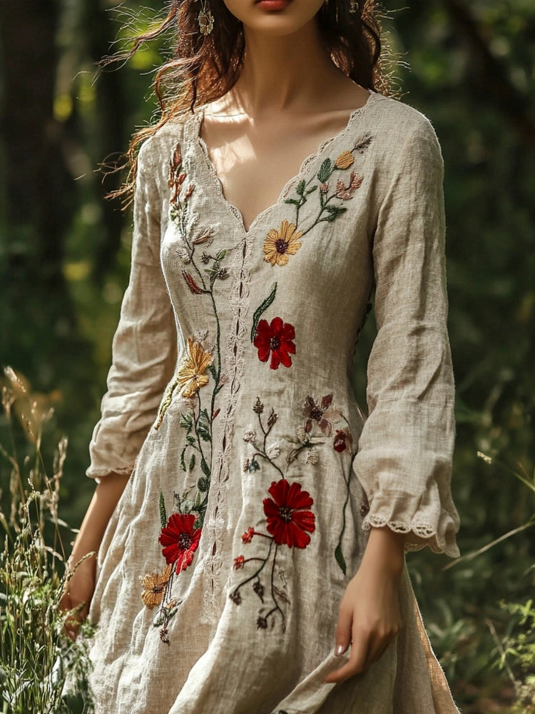 Vintage Forest Floral Embroidery Art Women's Linen Flowy Maxi Dress artswardrobe