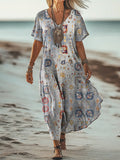 Women's Retro Flower Art Print Pocket Cotton Dress