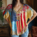Women's Floral Embroidery Independence Day In Gold Short Sleeve V Neck Casual Linen Top artswardrobe