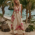 Women Vintage Pink Floral Embroidery Art V Neck Linen Maxi Dress artswardrobe