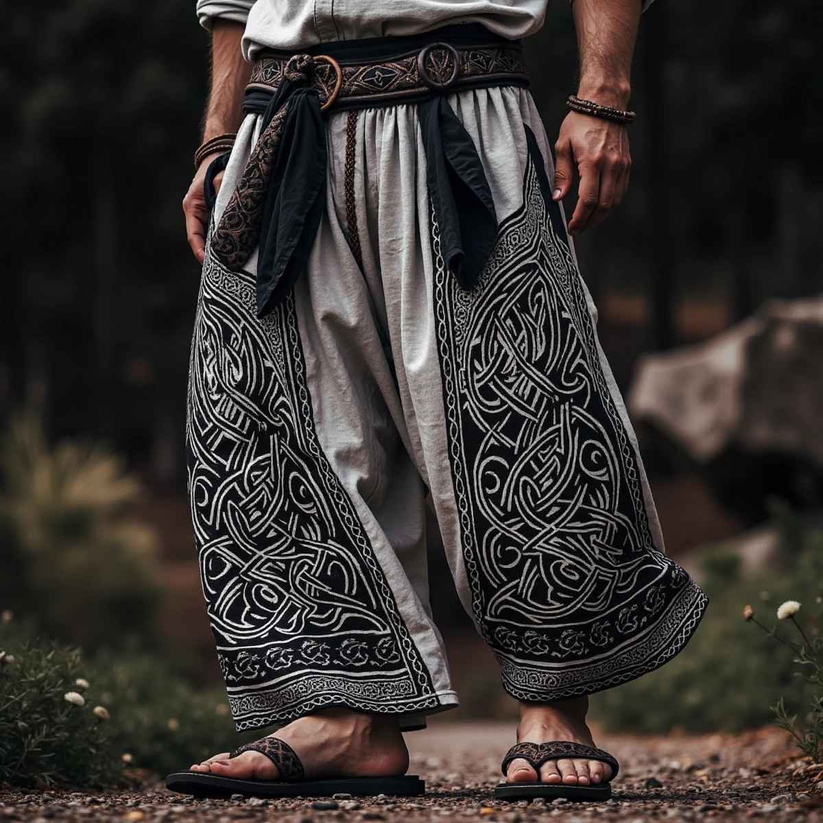 Retro  Viking Celtic Embroidery Art Linen Long Loose Wide-leg Pants artswardrobe