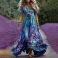 Vintage Purple And Blue Lavender Patchwork And Floral Embroidered Art Linen Round Neck Maxi Dress artswardrobe