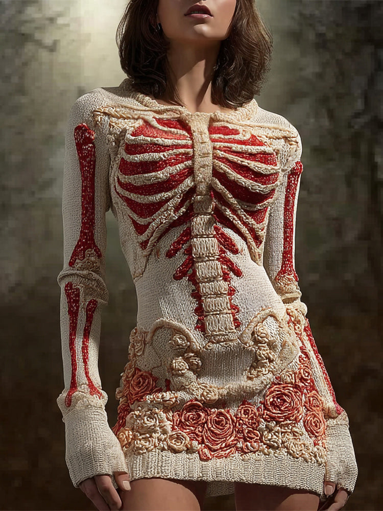 Comstylish Halloween Bloody Skeleton & Floral Art Women's Knit Mini Dress