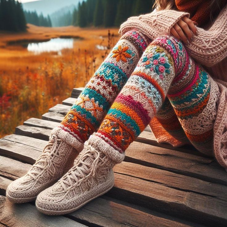 Vintage Colorblock Patchwork Floral And Leaf Cozy Knit Leggings artswardrobe
